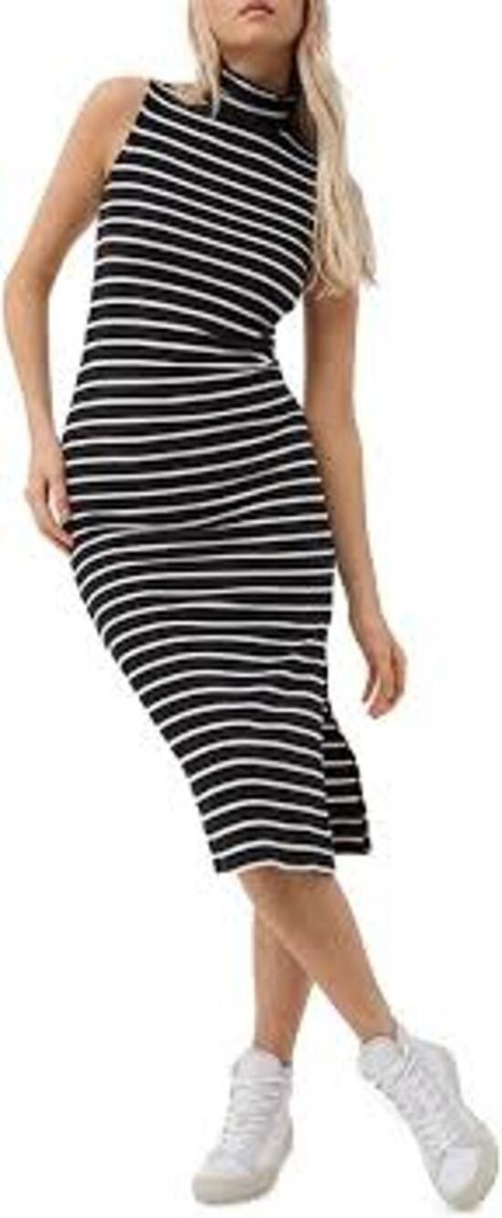 FRENCH CONNECTION Tommy Rib Midi Dress Striped COMFY CASUAL Size Medium M Black